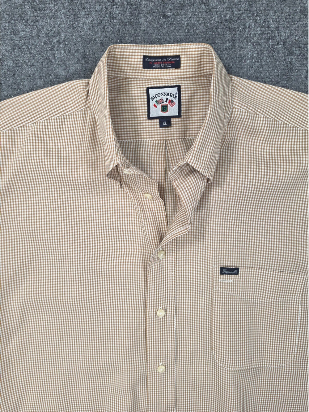 Faconnable Shirt Mens XL Brown Gingham Check 100% Cotton Made in USA France